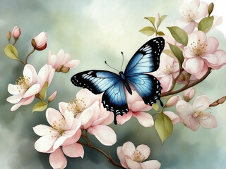 Watercolor of dogwood blossom and butterfly	
