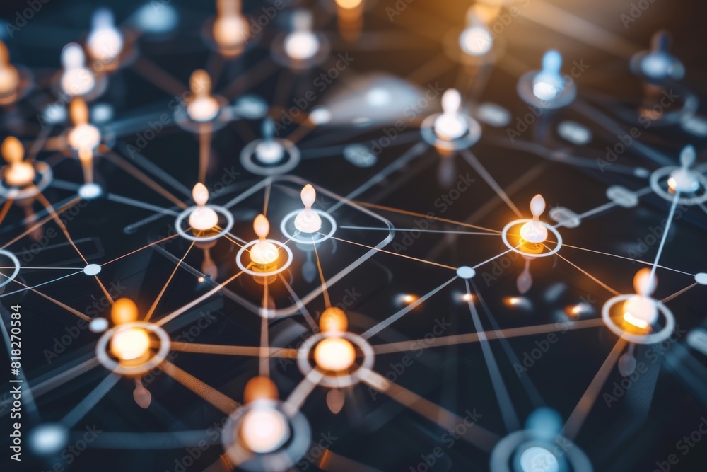 Poster intricate web of connections and points, representing concepts like network infrastructure or data p