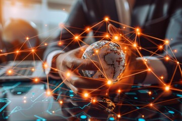 A hand interacts with a vibrant digital representation of a global network, implying control over global connectivity