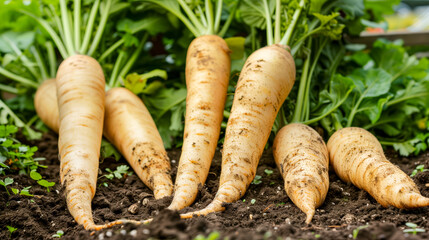 A close up of a bunch of parsnips in the dirt