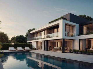 Fototapeta premium Modern residential district with green roof and balcony generated by AI