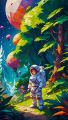 Highly detailed illustration of an astronaut exploring a new and vibrant planet low poly art