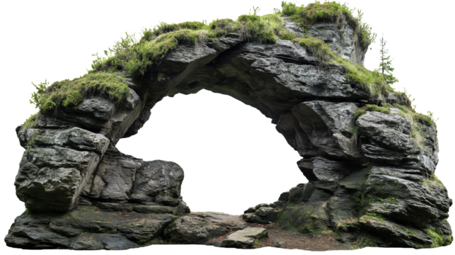 Cut out natural rock arch in the forest. Stone arch isolated on a transparent background