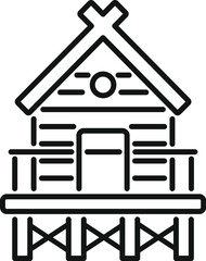 Minimalist vector illustration of a stylized log cabin icon in black and white, representing a simple, rustic, and ecofriendly home in a rural, wilderness setting