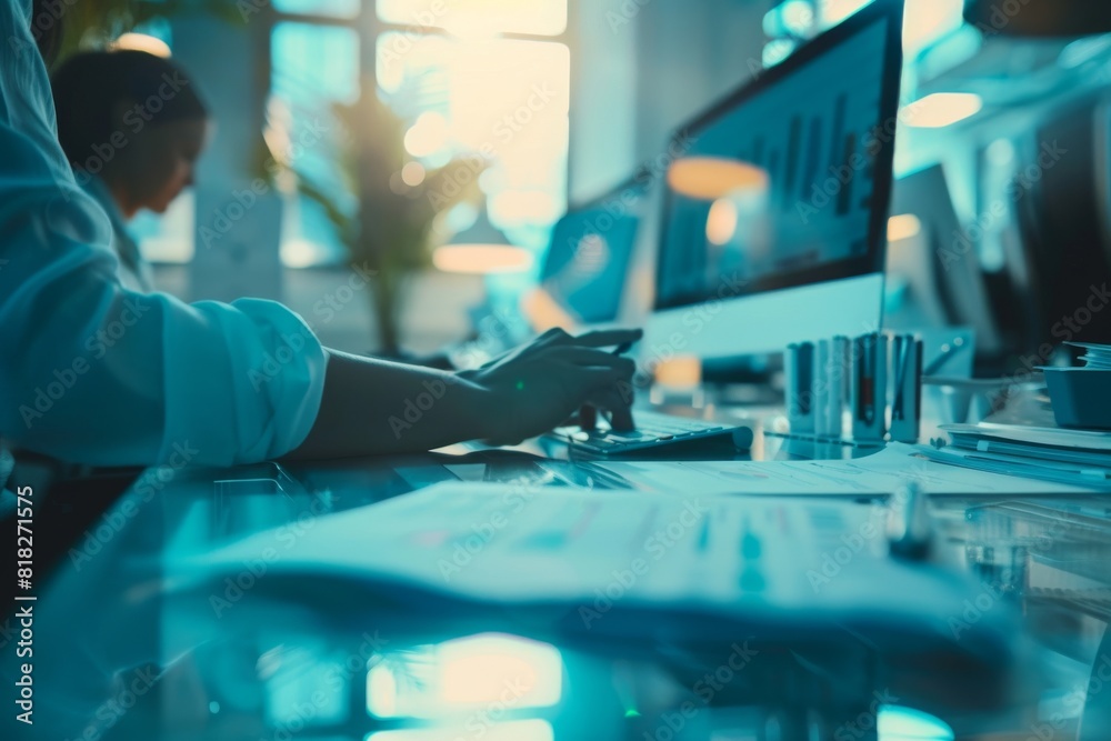 Poster a blurred view of a person working at a computer with business graphs visible on the screen, focusin