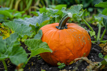 Obraz premium A small orange pumpkin sitting in the middle of the garden