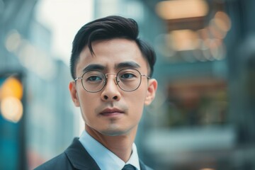 Obraz premium Stylish Asian man with glasses poses in a modern city setting with a contemporary look