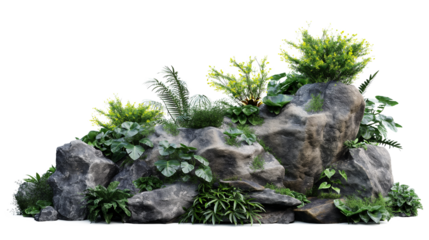 Cutout rock surrounded by plants isolated on a transparent background