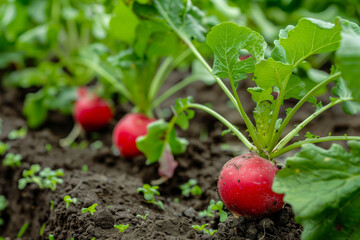 Many radishes growing on garden ground