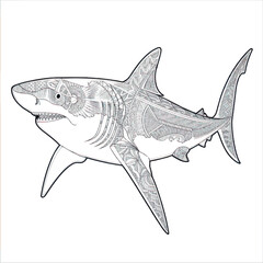 Shark drawing coloring book. Shark tattoo drawing black and white outline. White shark logo print. Caution shark sign of a dangerous marine predator. Water safety rules. Psychology of anger management