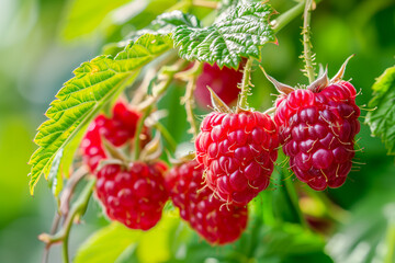 Close up of ripe raspberries growing on a bush