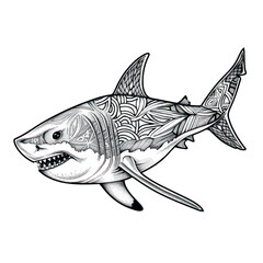 Shark drawing coloring book. Shark tattoo drawing black and white outline. White shark logo print. Caution shark sign of a dangerous marine predator. Water safety rules. Psychology of anger management