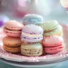 Macro shot of a dessert plate with assorted French macarons, pastel colors and refined sugar dusting.
