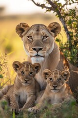 Obraz premium Mother lioness and her two cubs rest on the grass in the African savannah. A lioness momma taking care of her babies