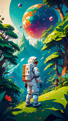 Highly detailed illustration of an astronaut exploring a new and vibrant planet low poly art