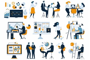 A dynamic illustration showcasing various business activities like meetings, presentations, and data analysis in a flat design style