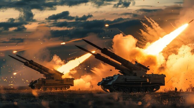panoramic view of military battalion defense system launching missiles wide poster design
