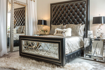 Sophisticated art deco bedroom featuring a quilted black leather headboard, mirrored side tables, and a cream fur rug.