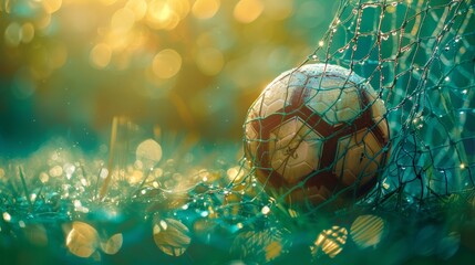 Fototapeta premium A soccer ball is sitting in a net