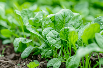 Close-up of thriving spinach plants in soil