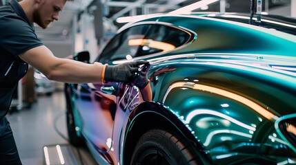 skilled car wrapping specialist applying chameleon vinyl wrap to sports car automotive customization