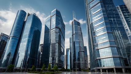 Fototapeta premium Modern Skyscrapers in Downtown Business District Under Clear Sky