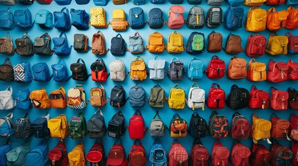 Obraz premium A large and diverse assortment of colorful backpacks neatly displayed on a blue wall, showcasing various styles, sizes, and designs.