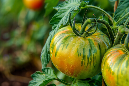Two ripe tomatoes growing on vine