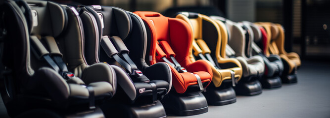 A row of car seats are lined up in a row. The seats are of different colors and sizes