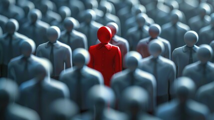 Red figure standing out in a crowd of grey figures