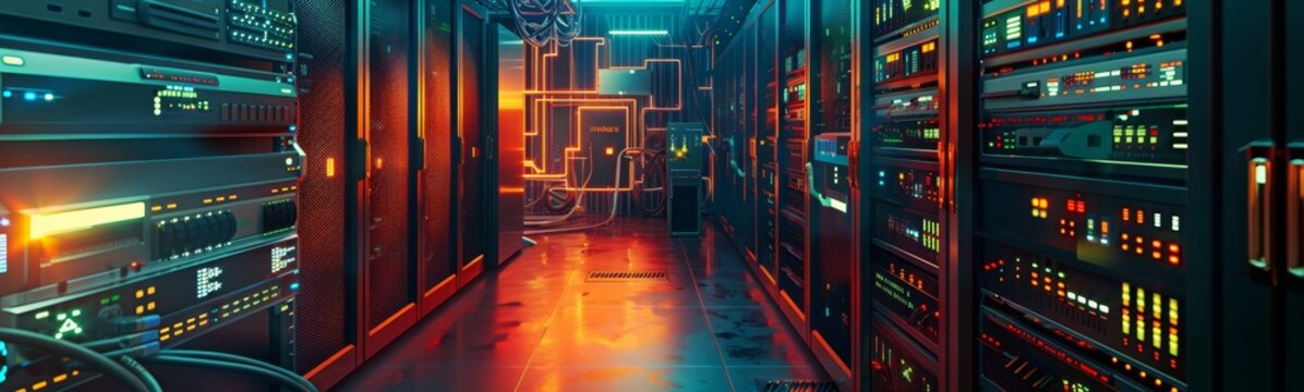 Long hallway with many servers in it, telecommunication equipment
