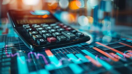 Double exposure of a calculator and financial charts over a businessperson's workspace, representing budgeting and finance management