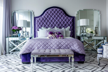 Stunning art deco bedroom featuring a quilted purple headboard, mirrored side tables, and a white geometric rug.