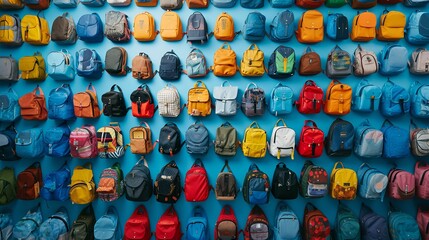 A large and diverse assortment of colorful backpacks neatly displayed on a blue wall, showcasing various styles, sizes, and designs.