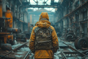 Explorer with backpack in abandoned factory