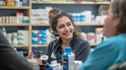 friendly pharmacy clerk assisting customer healthcare retail service conceptual portrait photography
