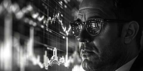 Double exposure of a financial advisor explaining investment options, overlaid with charts, graphs, and research data