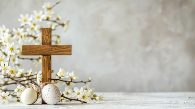A wooden cross is on a table with two white eggs. The scene is serene and peaceful, with the cross and eggs symbolizing hope and new beginnings