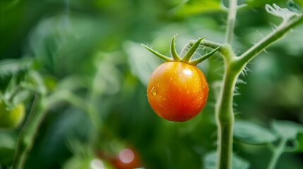 A tomato growing on the vine