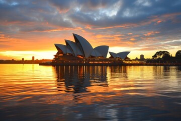 Sunset view of the Sydney Opera House with the harbor in the foreground, view of Sydney Opera...