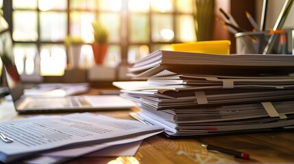 neatly organized stacks of important office documents on desk business administration concept still life photography