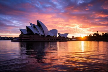 Sunset view of the Sydney Opera House with the harbor in the foreground, view of Sydney Opera...