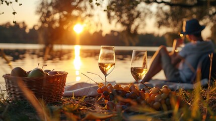 A couple enjoying a sunset picnic by the lake, with wine glasses and a basket of fruits between them