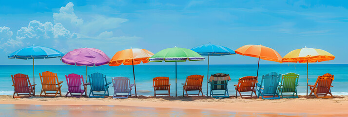 Summer Chairs and umbrellas on tropical sea and beach with blue sky background.