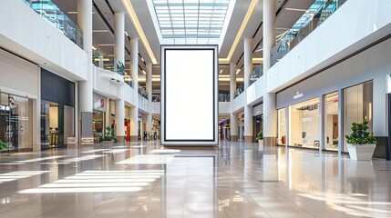 empty white advertising billboard mockup in modern shopping mall atrium with copy space for promotional offers and sales commercial real estate