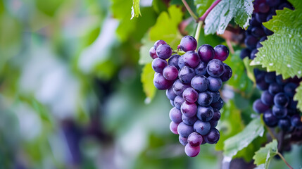 Many grapes hanging from the vine in the garden