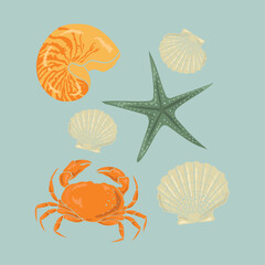 lobster, sea shell, ocean, marine, summer beach, coastal, tropical seamless background, print, greeting card, banners, web, wrapping paper, fashion, fabric, textile, wallpaper, cover