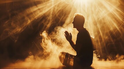 spiritual man praying amidst sunbeams and smoke worship and devotion concept