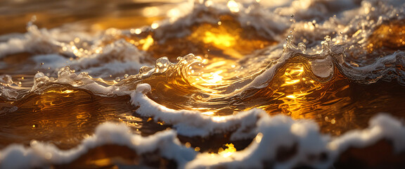 Close-up, storm waves with foam on surface of golden drink similar to beer, banner background, Film...