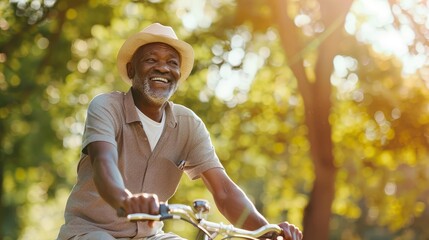 pedaling pensioner cheerful mature african american man enjoying a sunny bicycle ride through lush park ai generated image - Powered by Adobe